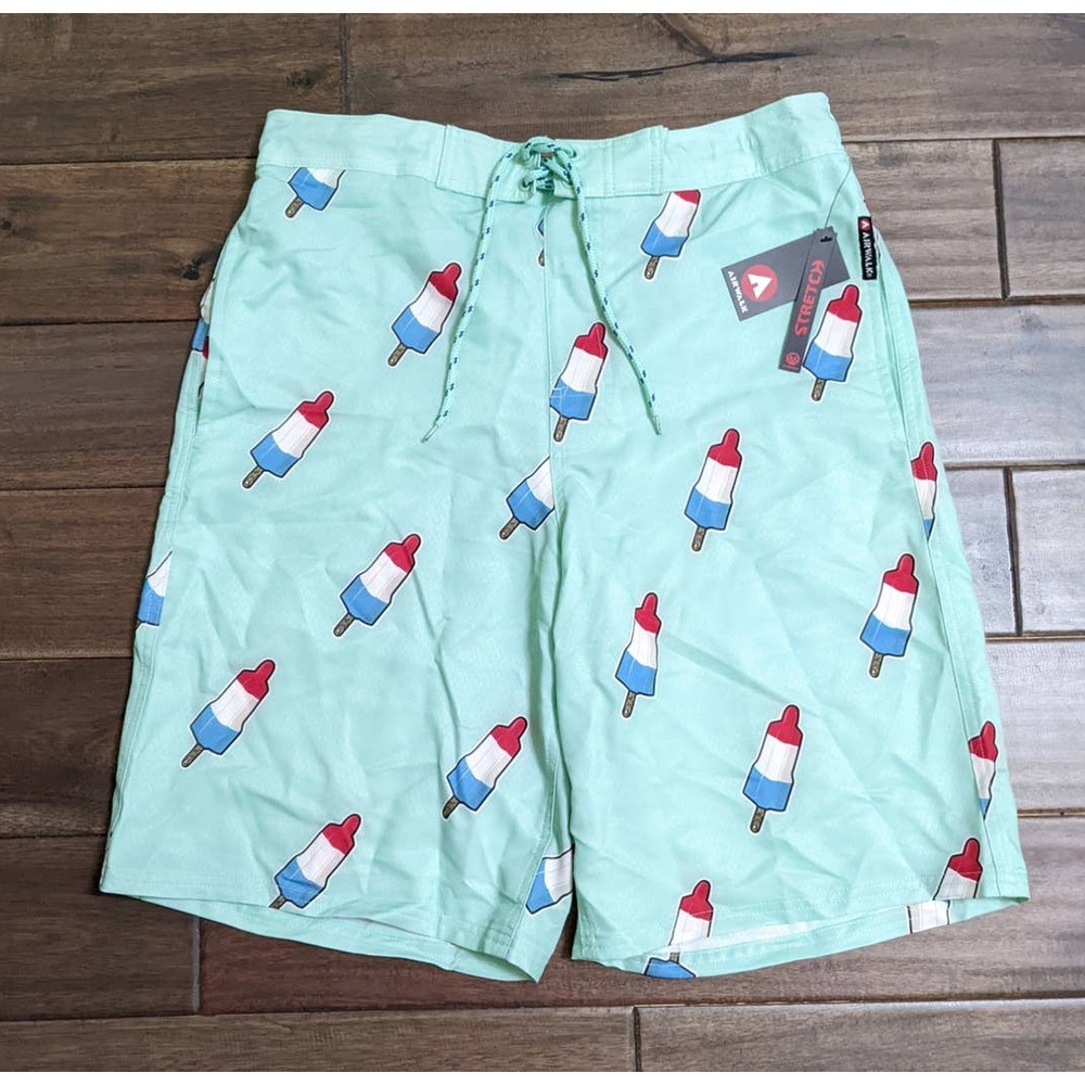 NEW! AIRWALK Mens Swim Trunks Board Shorts M Medium Mint W/Bomb Pop Popsicles